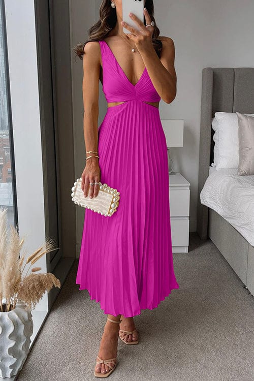 Aurore | Cut-Out V-Neck Womens Pleated Midi Dress with Waist Cut outs