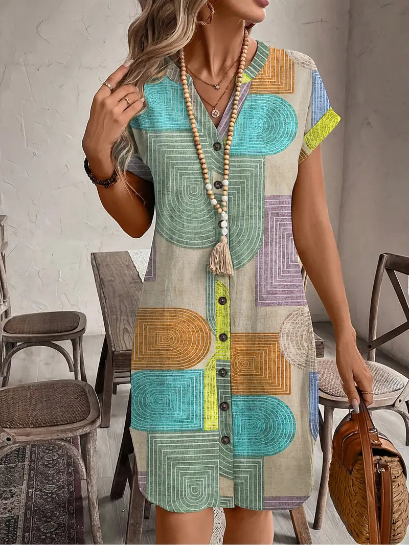 Mireille | Retro Geometric Print Button-Front Boho Dress