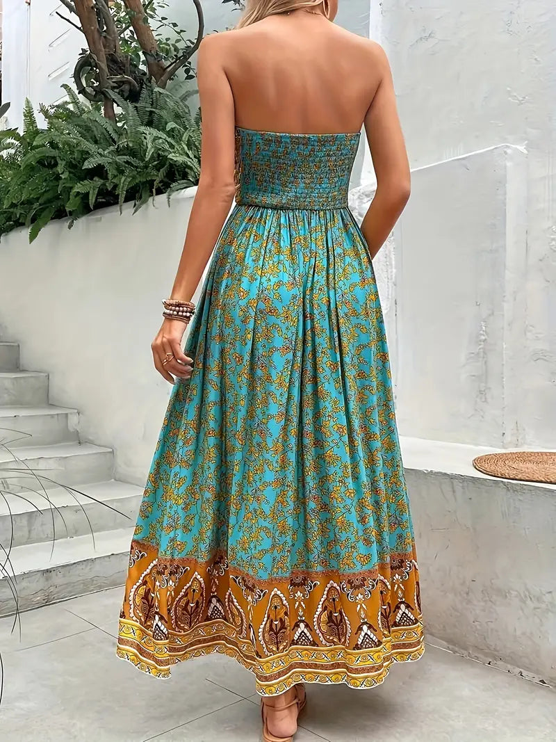 Zafira | Boho Bandeau Womens Pleated Midi Dress with Paisley Print