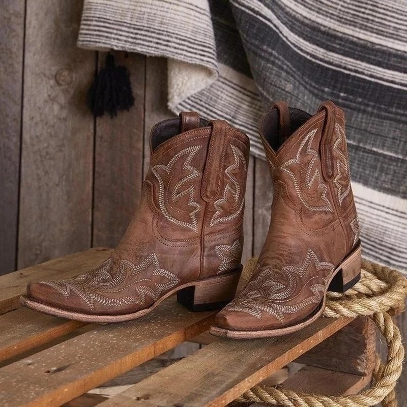 Turquoise | Contrast Embroidered Distressed Ankle Womens Cowboy Boots