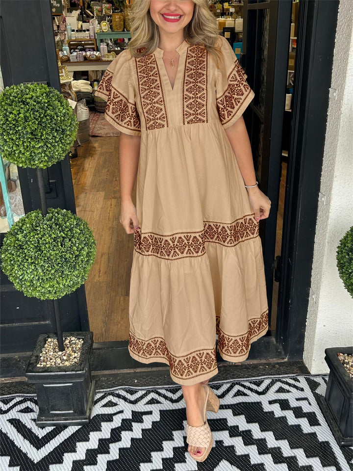 Kalinda | Tribal Embroidered Tiered Maxi Boho Dress