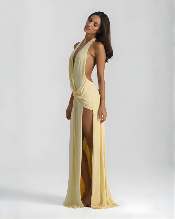 Solange | Draped Cowl Neck Backless Halter Neck Maxi Dress