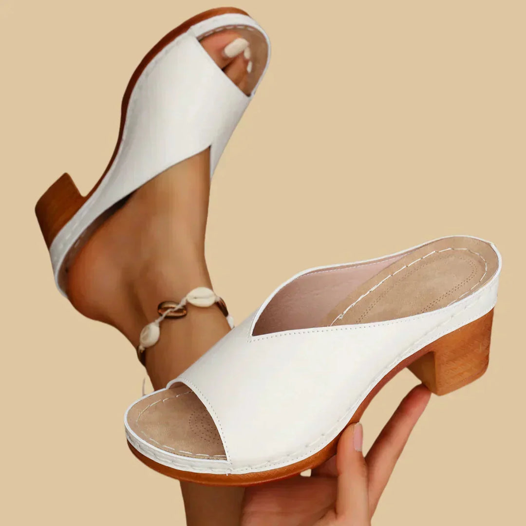 Vera | Metallic Peep Toe Block Heel Mule Sandals