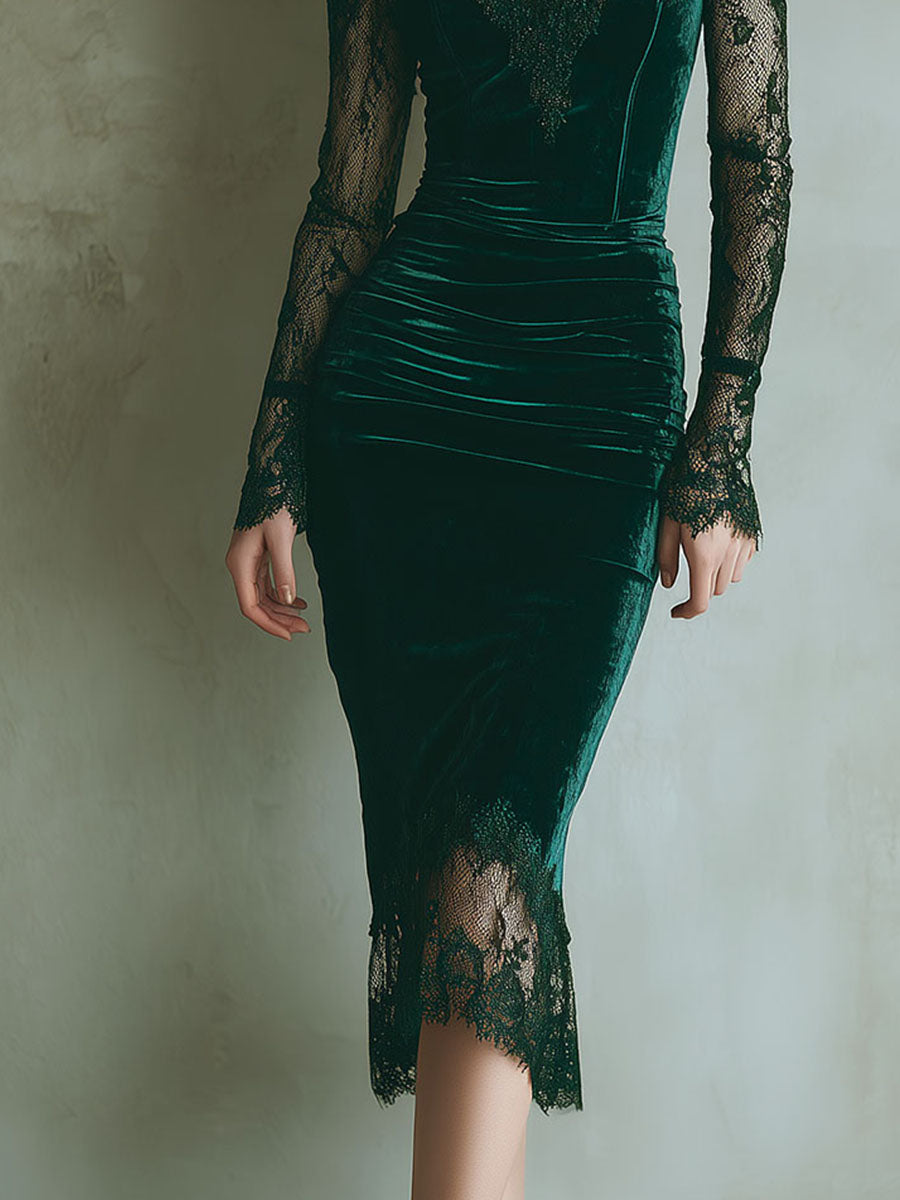 Emerald | Velvet Lace Bodycon Midi Dress – Elegant Evening Dress