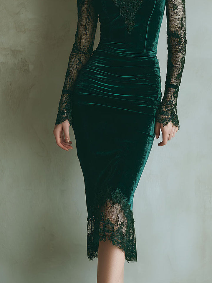 Emerald | Velvet Lace Bodycon Midi Dress – Elegant Evening Dress