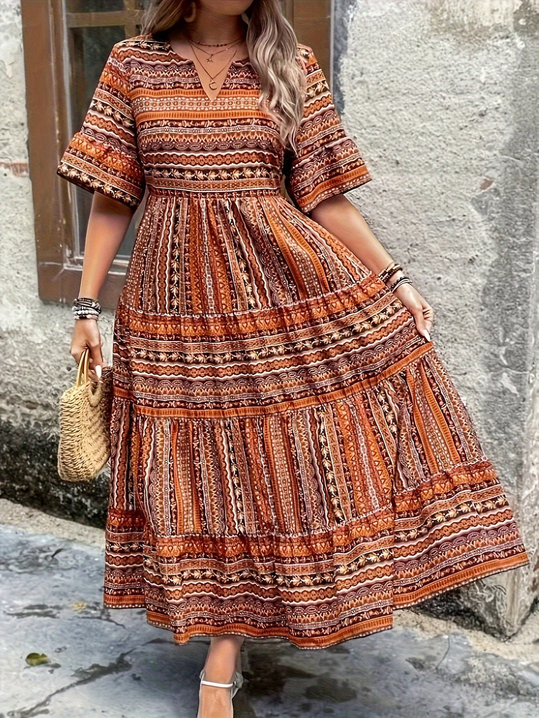 Calindra | Ethnic Stripe Print Smocked Tiered Boho Dress
