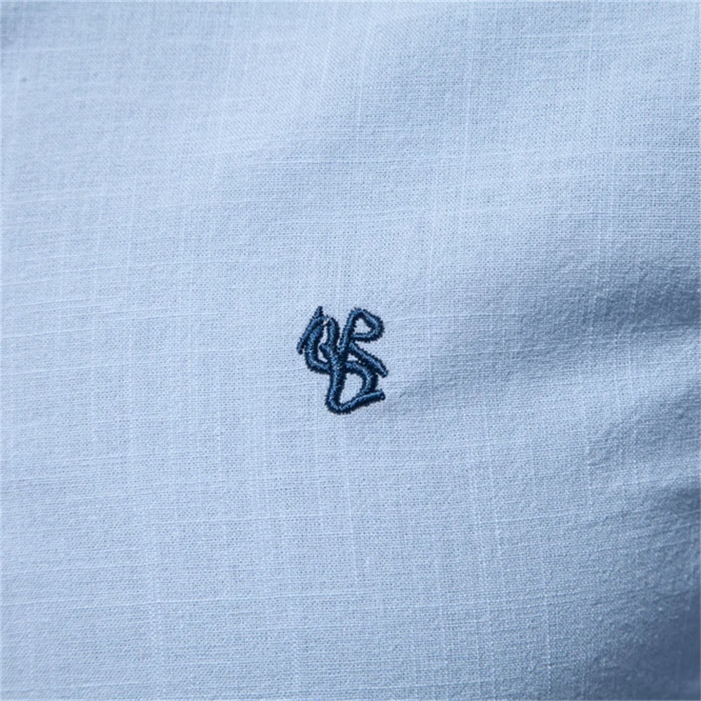 Emmett | Mandarin Collar Linen Men's Smart-Casual Shirt with Embroidery