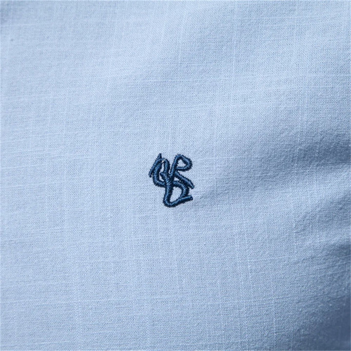 Emmett | Mandarin Collar Linen Men's Smart-Casual Shirt with Embroidery