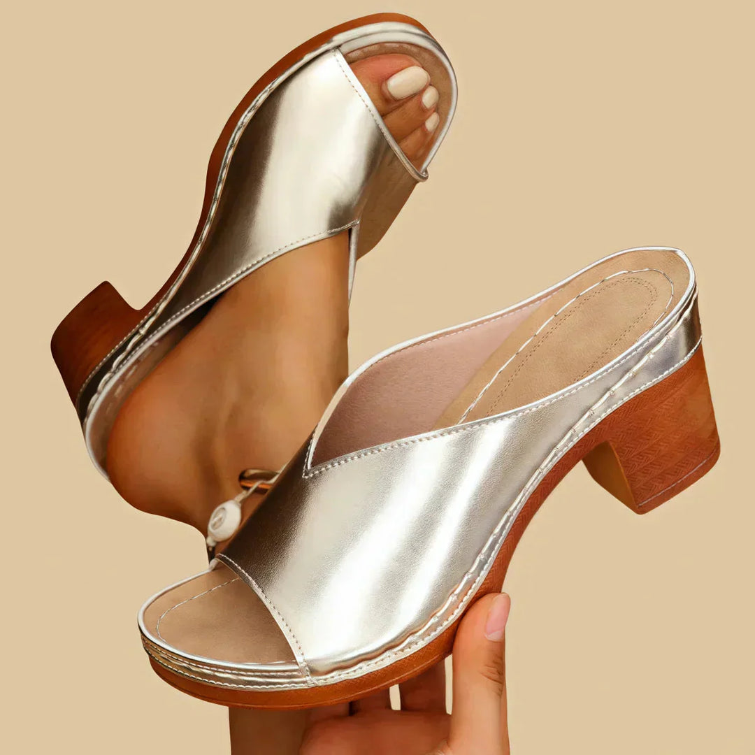 Vera | Metallic Peep Toe Block Heel Mule Sandals