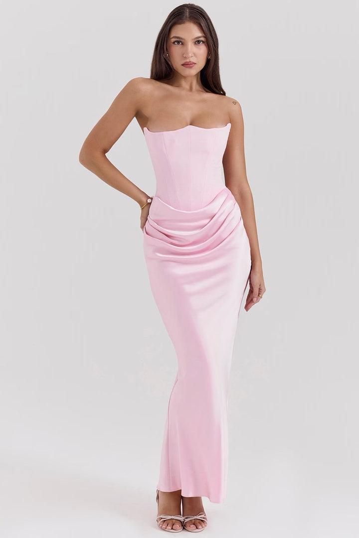 Emelia | Strapless Underwire Corset Draped Satin Maxi Fall Wedding Guest Dress