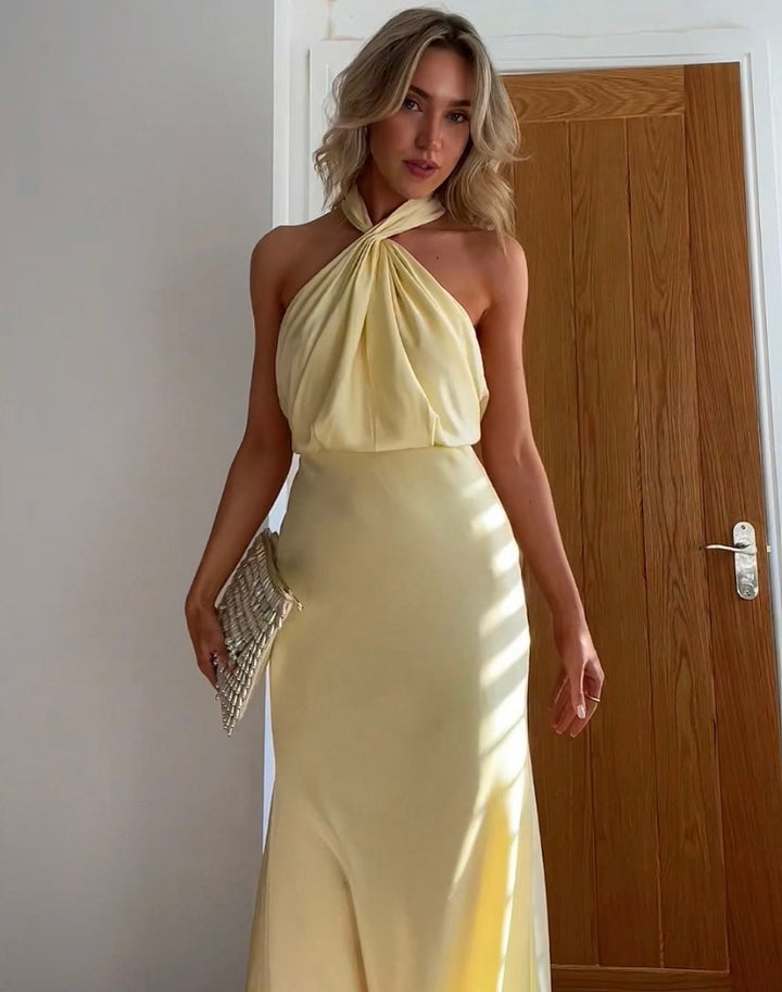 Delphine | Twisted Knot Gathered Halter Neck Maxi Dress in Satin