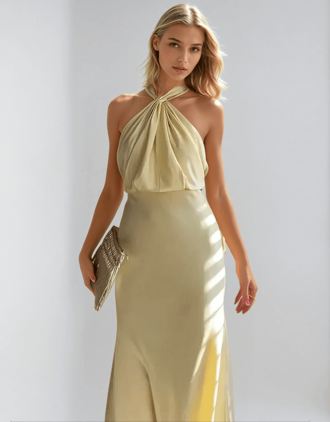 Delphine | Twisted Knot Gathered Halter Neck Maxi Dress in Satin