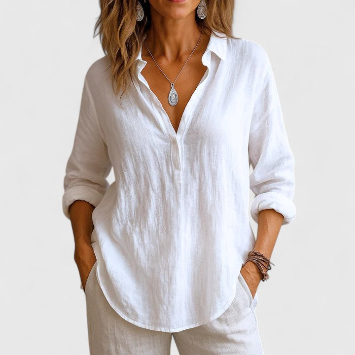 Marlowe | Collared V-Neck Linen Longline Tunic Blouse