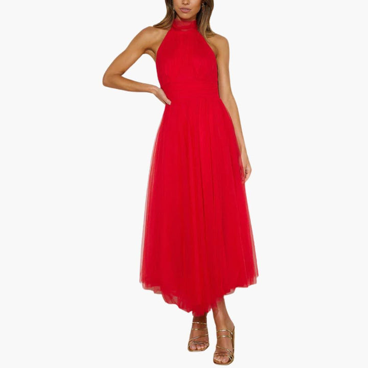 Celestine | Tulle Bow-Tie Halter Neck Maxi Dress with Full Skirt