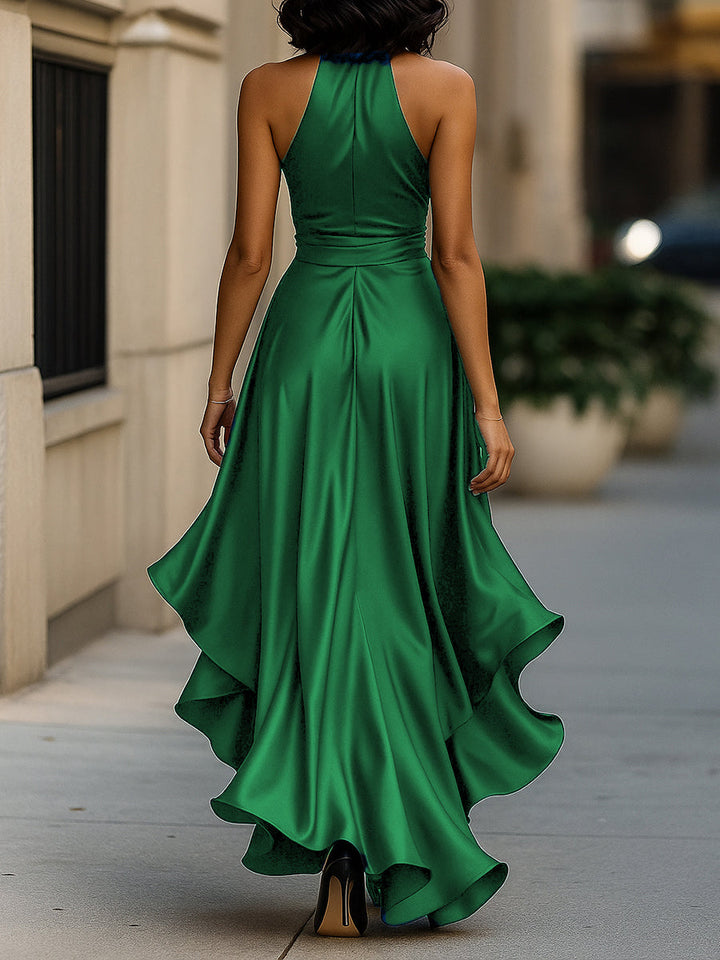 Odette | Halter V-Neck Bow Tie Ruffle Hem Satin Maxi Formal Dress