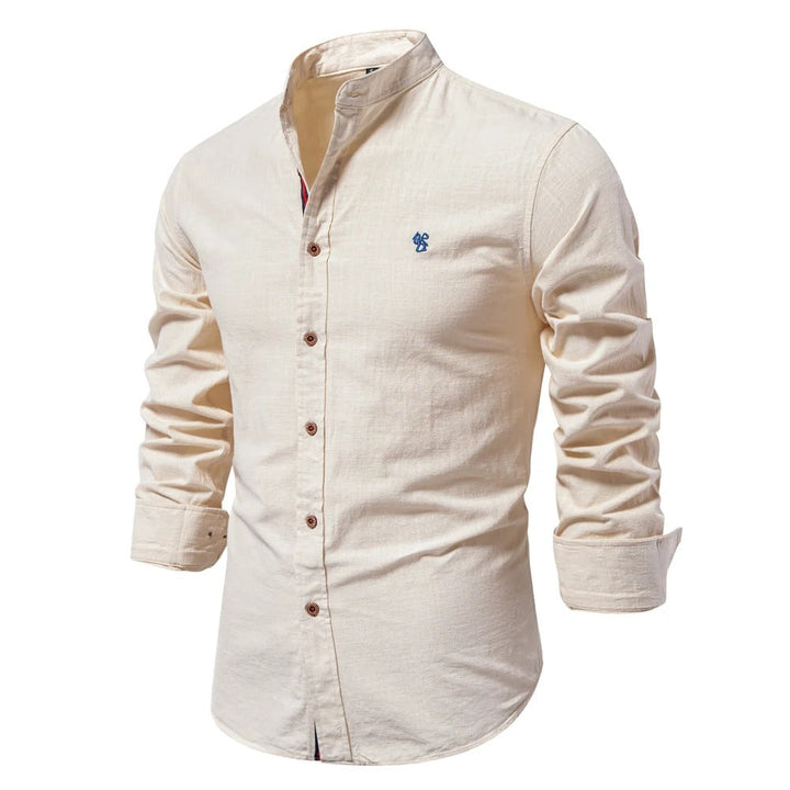 Emmett | Mandarin Collar Linen Men's Smart-Casual Shirt with Embroidery