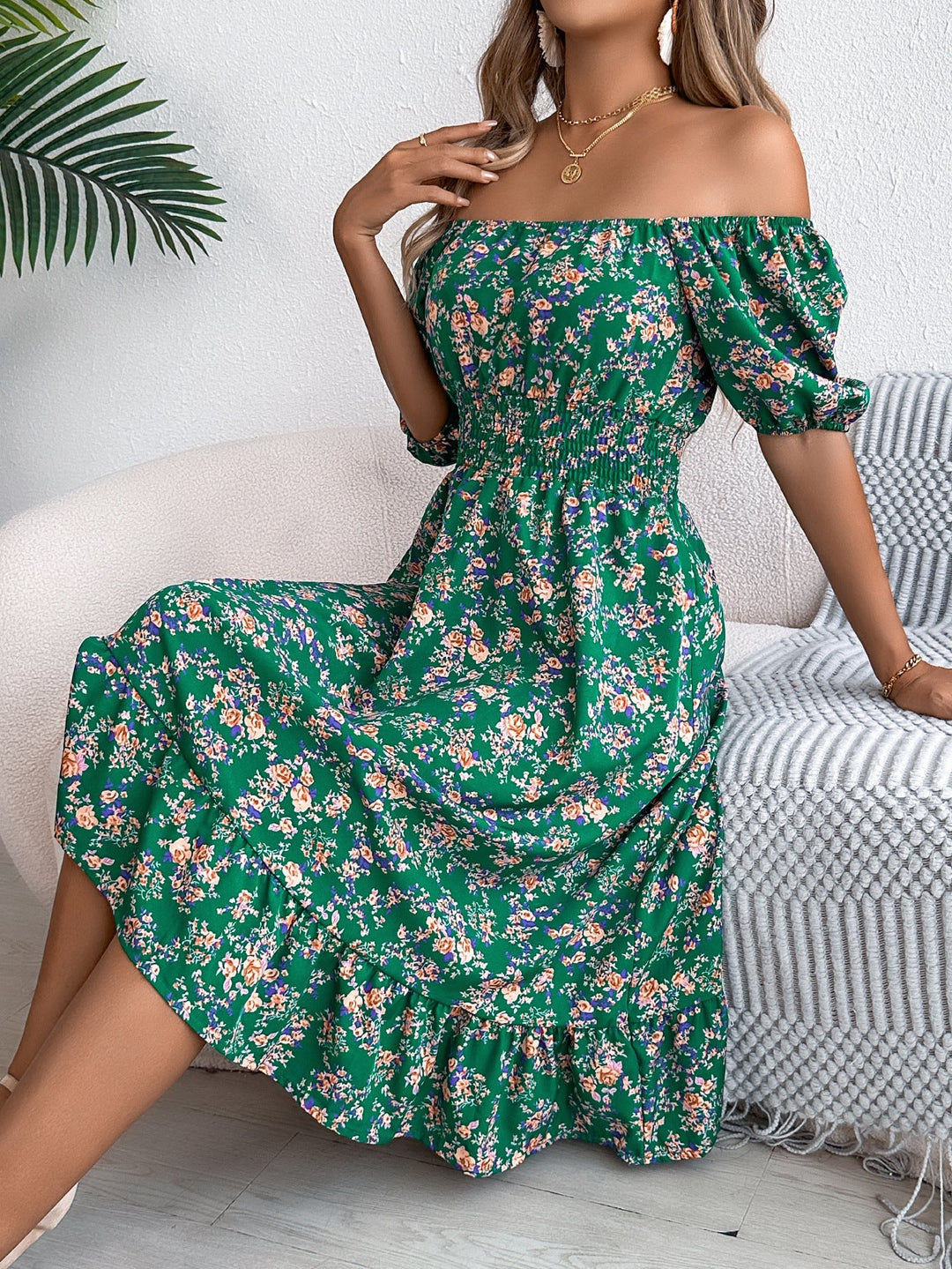 Fleur | Floral Off The Shoulder Dress Smocked Midi
