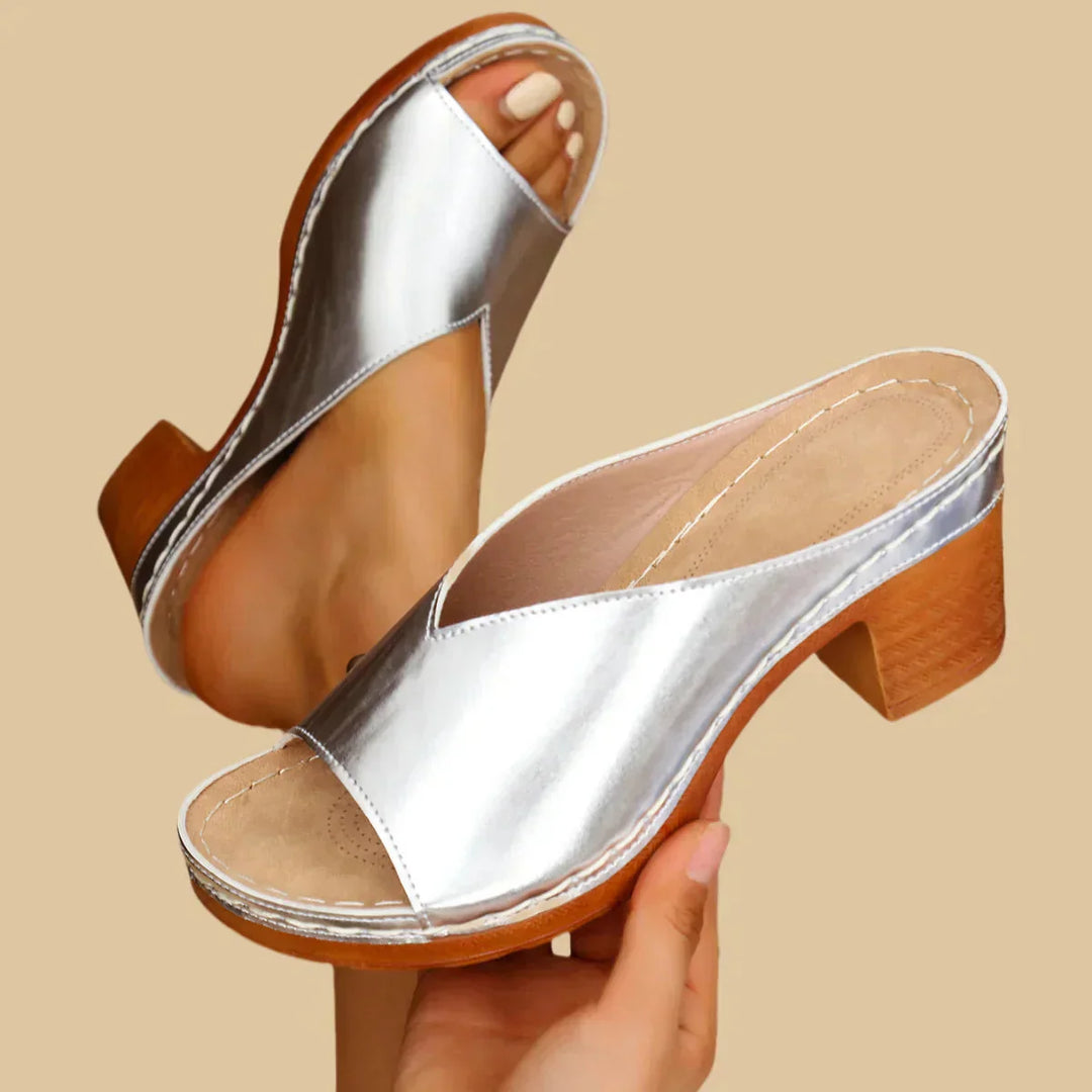 Vera | Metallic Peep Toe Block Heel Mule Sandals