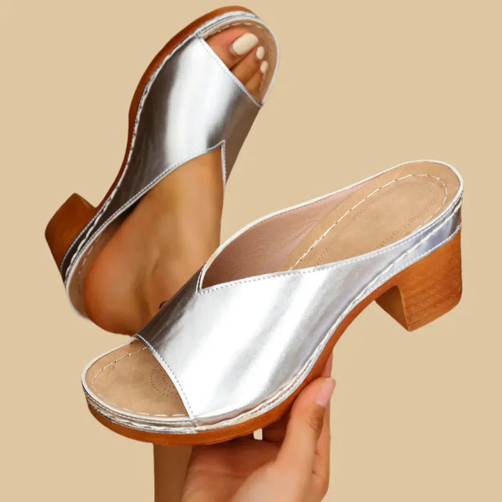 Vera | Metallic Peep Toe Block Heel Mule Sandals