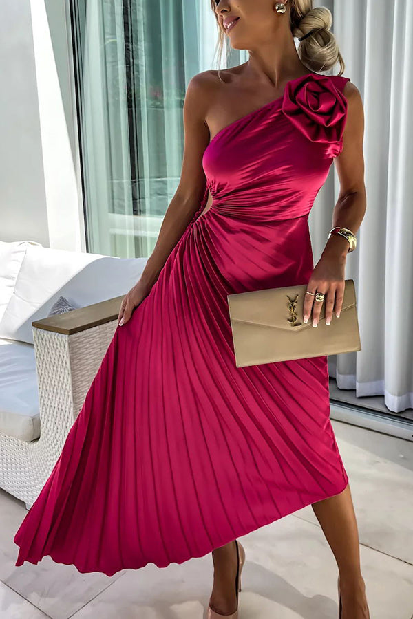 Rosette | One-Shoulder Womens Pleated Midi Dress with Floral Detail