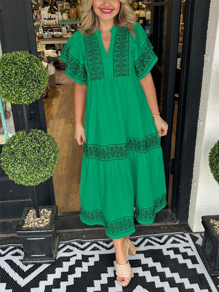 Kalinda | Tribal Embroidered Tiered Maxi Boho Dress