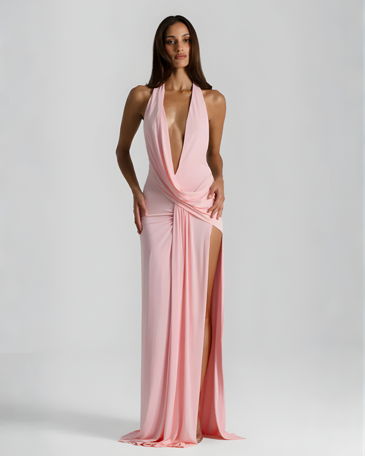 Solange | Draped Cowl Neck Backless Halter Neck Maxi Dress