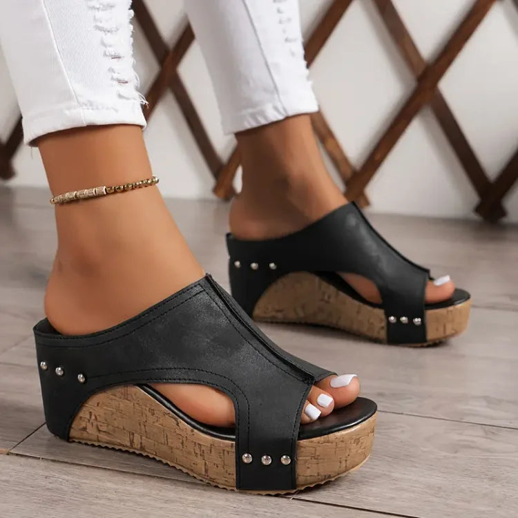 Nadia | Studded Peep Toe Cork Wedge Sandals