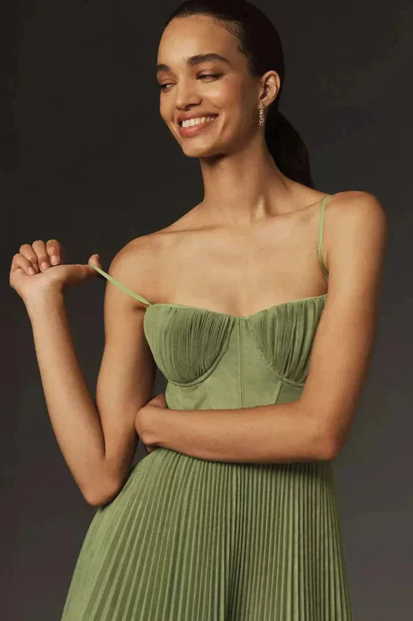 Elowen | Bustier Corset Womens Pleated Midi Dress with Thin Straps