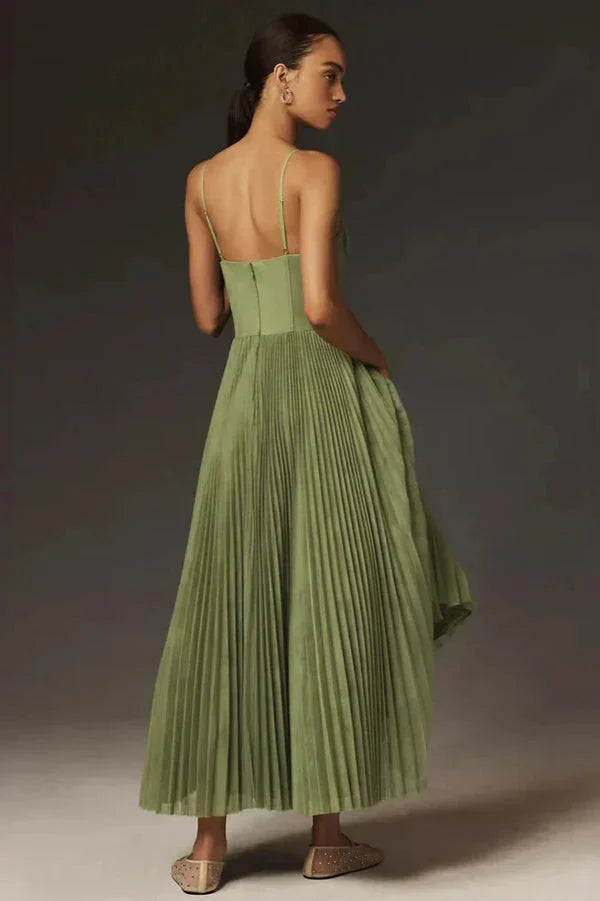 Elowen | Bustier Corset Womens Pleated Midi Dress with Thin Straps