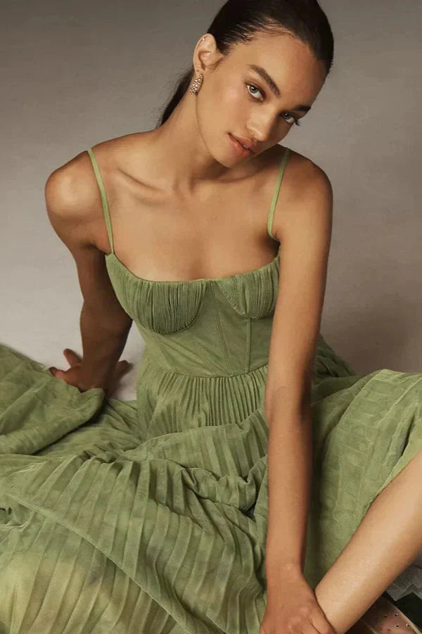 Elowen | Bustier Corset Womens Pleated Midi Dress with Thin Straps