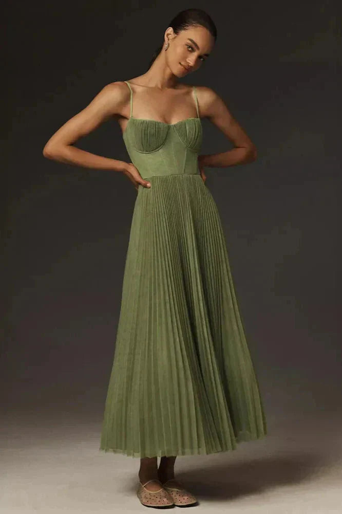 Elowen | Bustier Corset Womens Pleated Midi Dress with Thin Straps