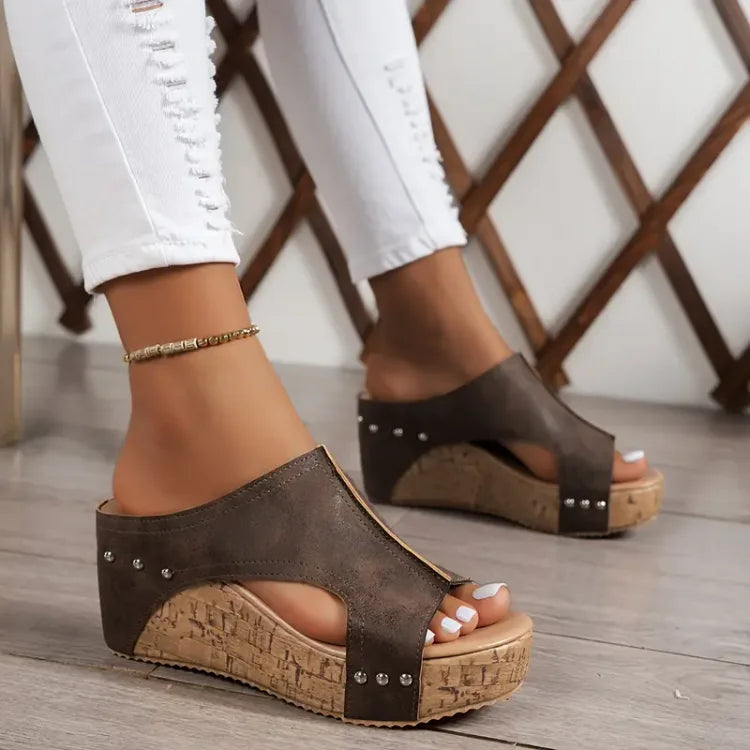Nadia | Studded Peep Toe Cork Wedge Sandals
