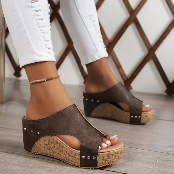 Nadia | Studded Peep Toe Cork Wedge Sandals