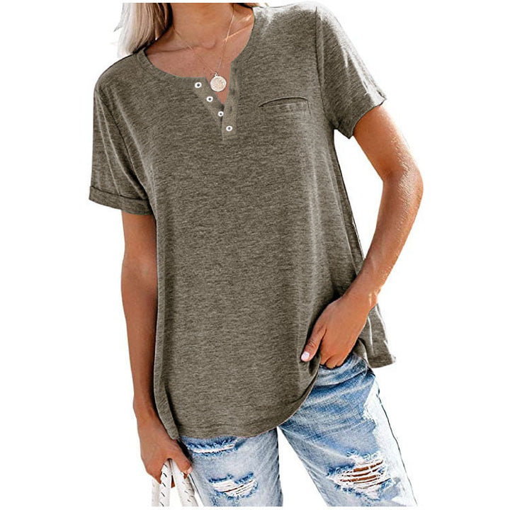 Henley | Relaxed Fit Button Placket Pocket Womens T Shirt