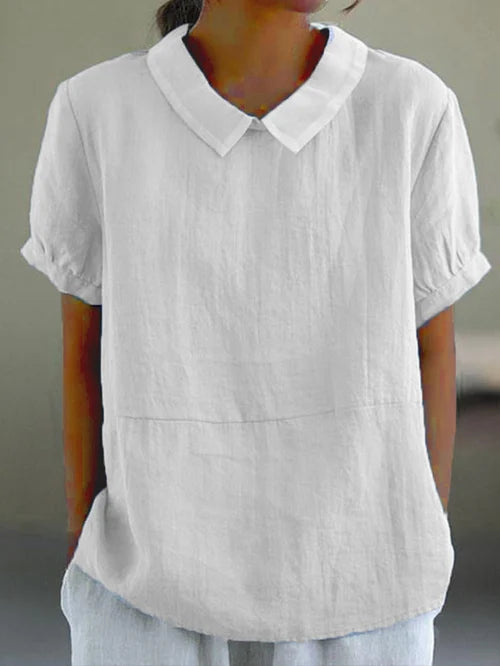 Lisbon | Peter Pan Collar Short-Sleeve Linen Tunic Blouse