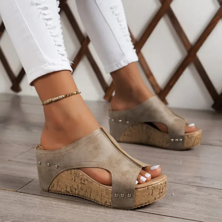 Nadia | Studded Peep Toe Cork Wedge Sandals