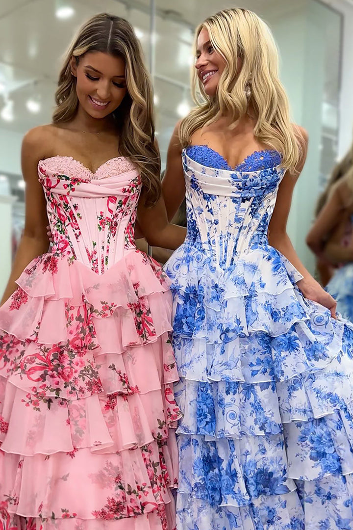 Flora | Floral Tiered Ruffle Corset Maxi – Wedding Guest Dresses