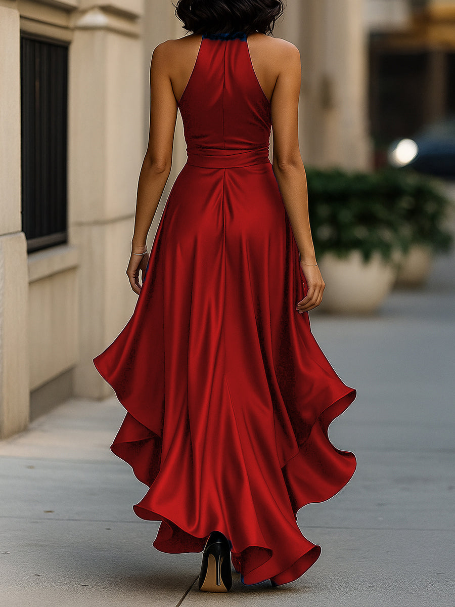 Odette | Halter V-Neck Bow Tie Ruffle Hem Satin Maxi Formal Dress