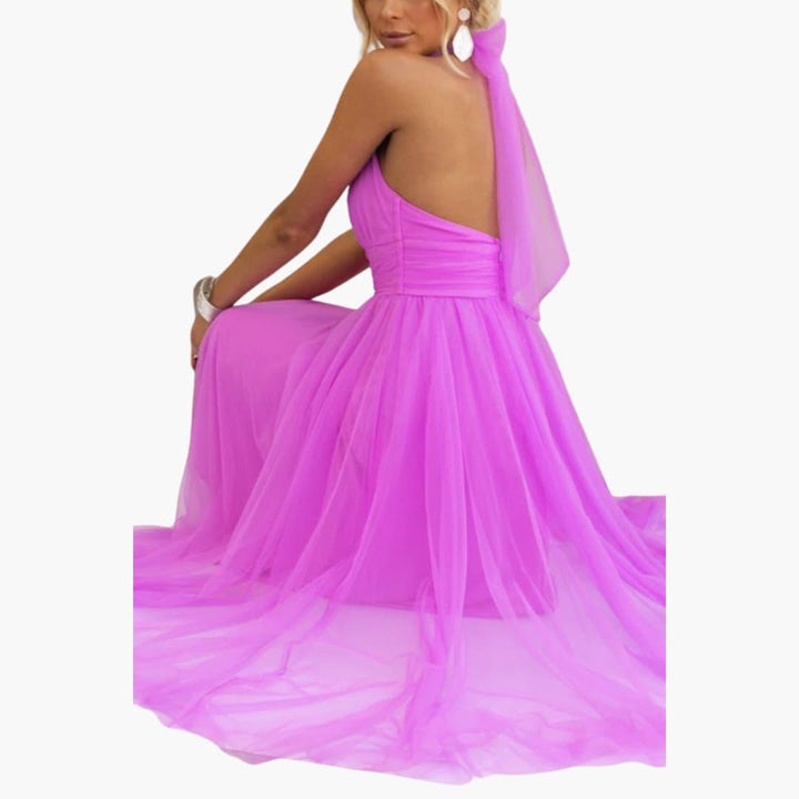 Celestine | Tulle Bow-Tie Halter Neck Maxi Dress with Full Skirt
