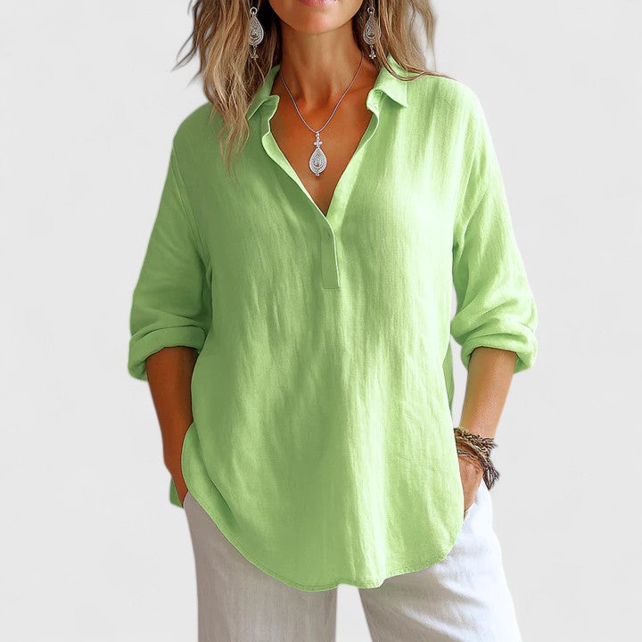 Marlowe | Collared V-Neck Linen Longline Tunic Blouse