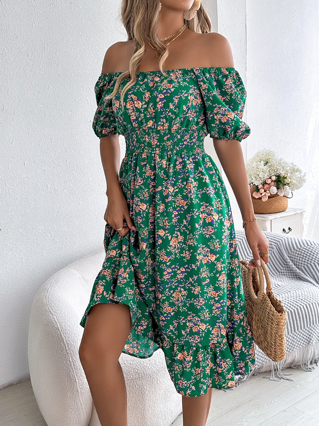 Fleur | Floral Off The Shoulder Dress Smocked Midi