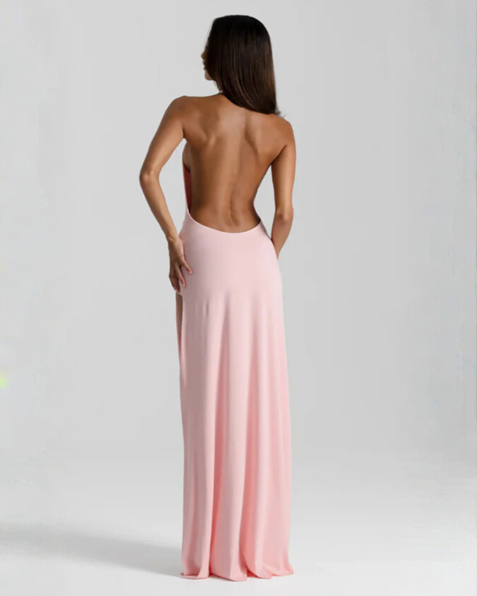 Solange | Draped Cowl Neck Backless Halter Neck Maxi Dress