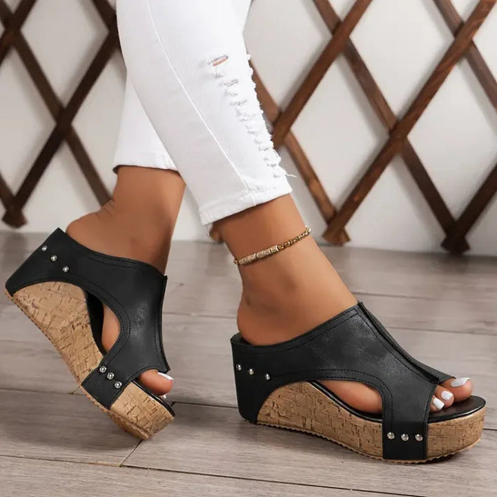 Nadia | Studded Peep Toe Cork Wedge Sandals
