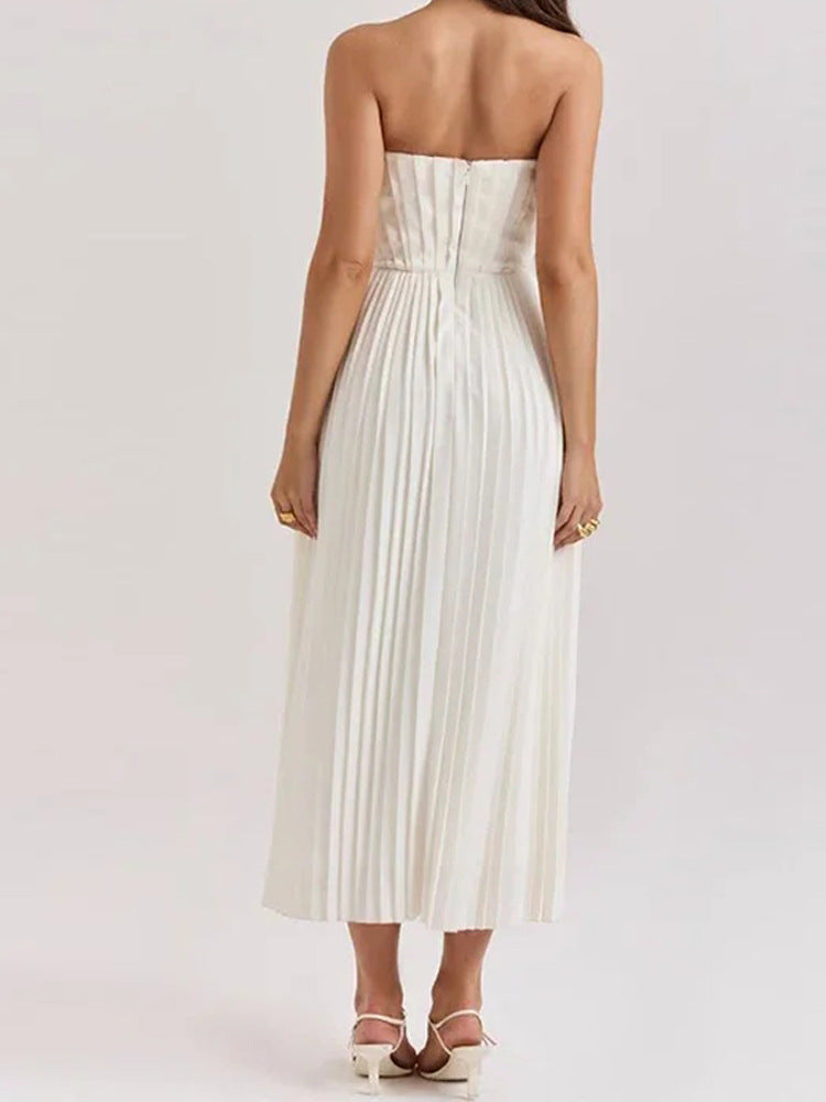Mirabelle | Strapless Corset Womens Pleated Midi Dress with Boning
