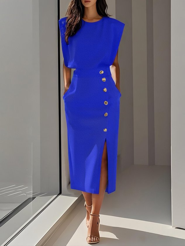 Vance | Padded Shoulder Gold Button Slit Midi Dress