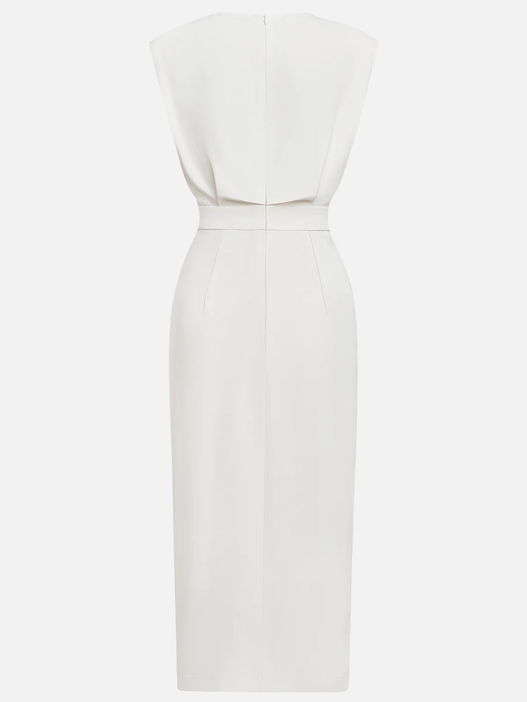 Vance | Padded Shoulder Gold Button Slit Midi Dress