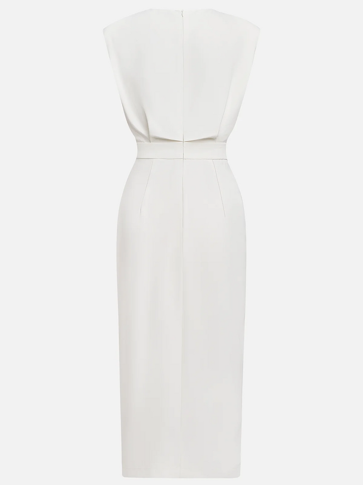 Vance | Padded Shoulder Gold Button Slit Midi Dress