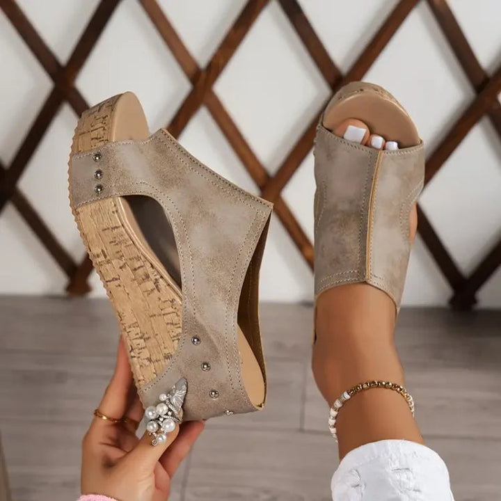 Nadia | Studded Peep Toe Cork Wedge Sandals