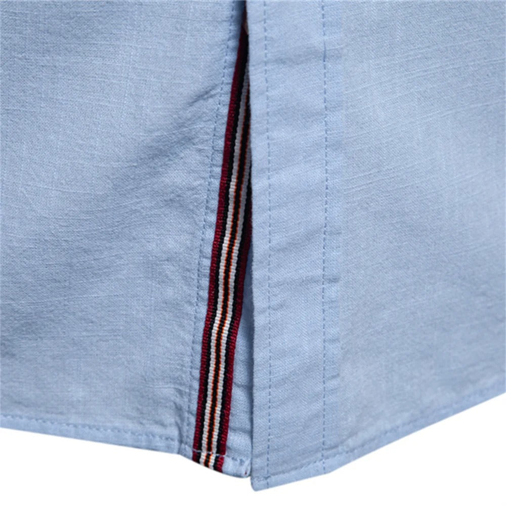 Emmett | Mandarin Collar Linen Men's Smart-Casual Shirt with Embroidery