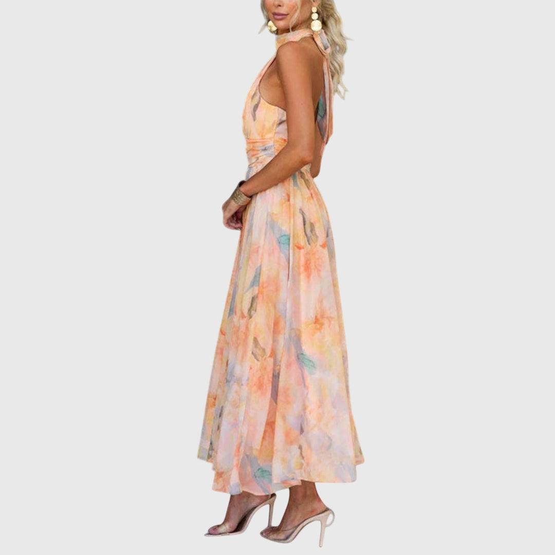 Soleil | Abstract Floral Crossover Halter Neck Maxi Dress